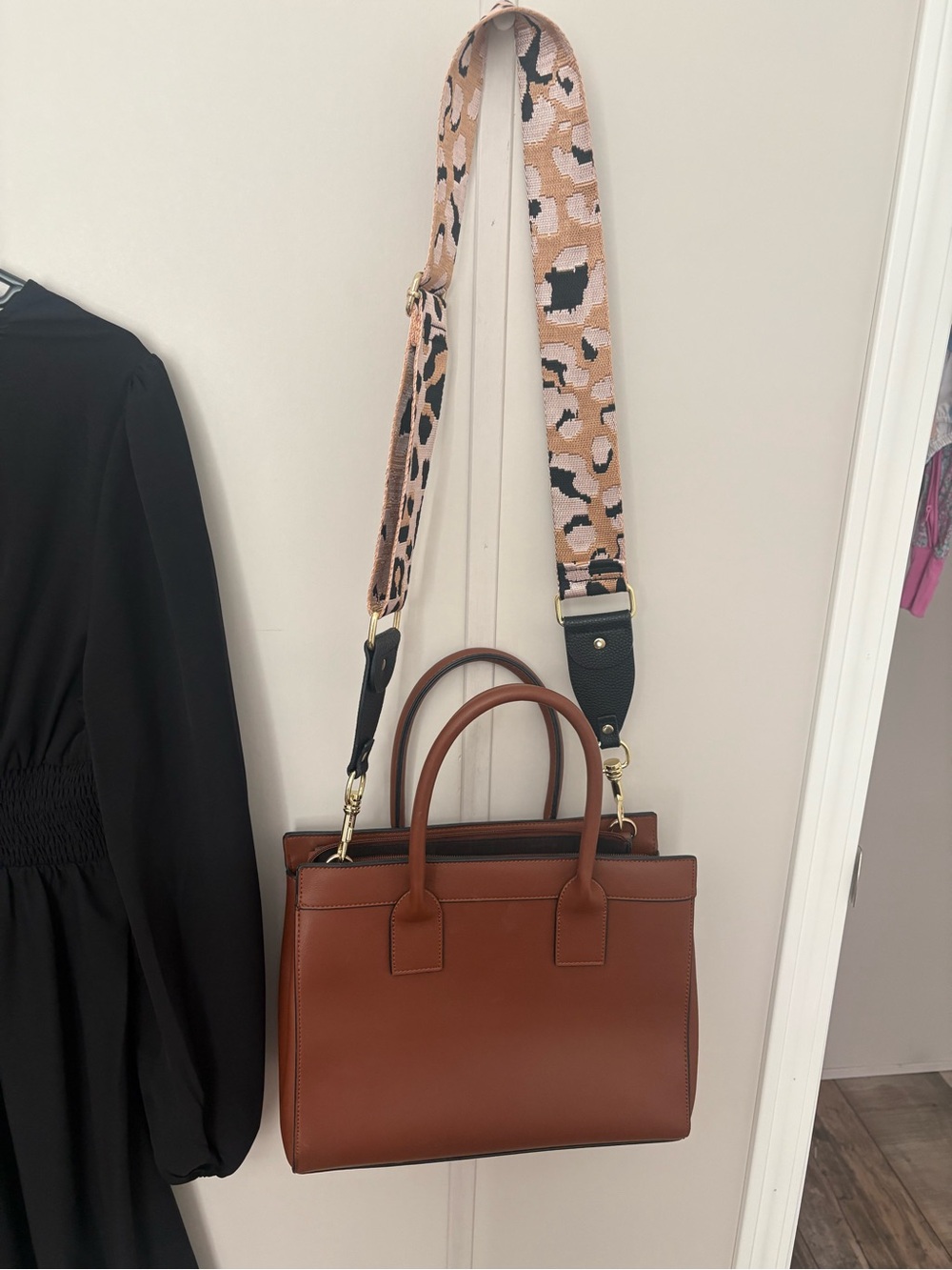 Classic Brown Leather Satchel with Leopard Strap